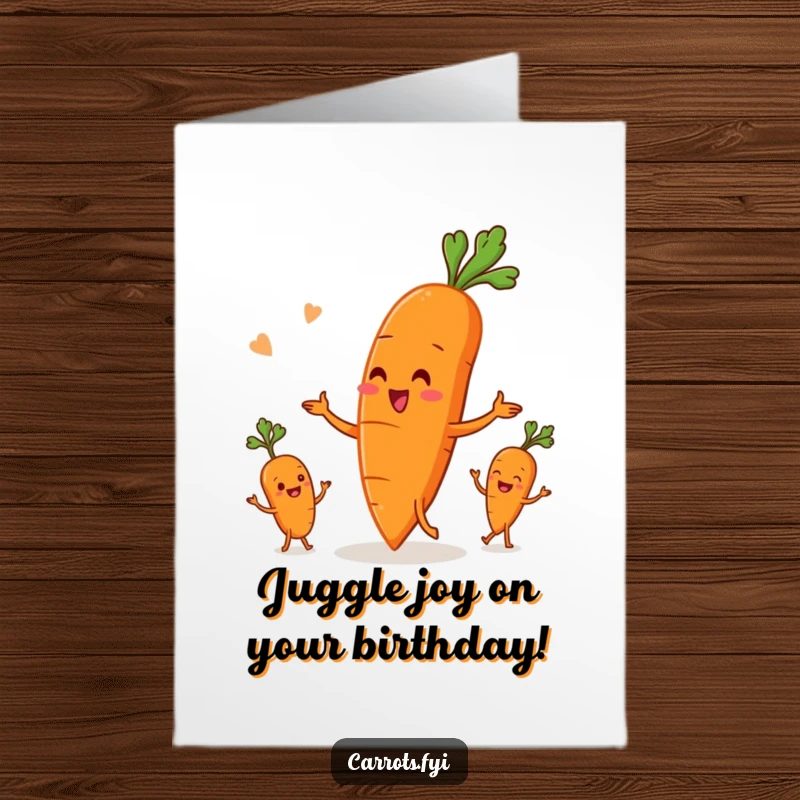 Funny Free Printable Birthday Card: A cheerful carrot juggles three root vegetables, celebrating with skill, perfect for downloads.