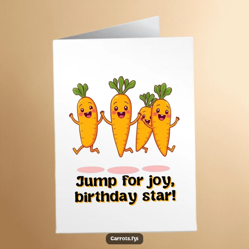 Funny Free Printable Birthday Card: Synchronized jumping carrots with wide grins celebrating a special occasion, a joyous DIY gift.