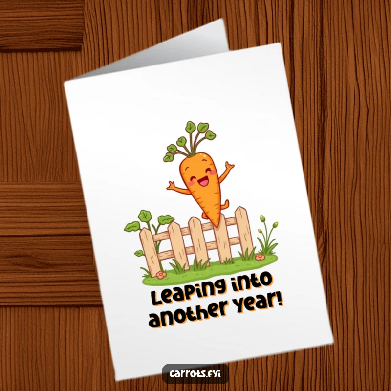 Funny Free Printable Birthday Card: A joyous carrot happily leaps over a miniature garden fence, full of birthday spirit, for downloads.