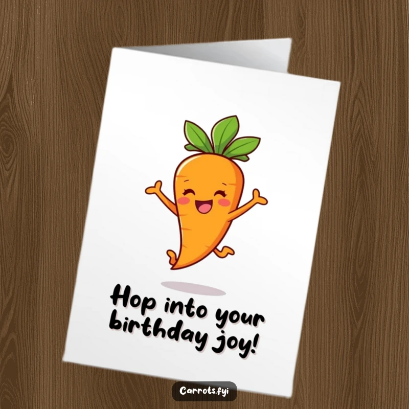 Funny Free Printable Birthday Card: A smiling carrot stick character leaps with pure joy, celebrating your special day.