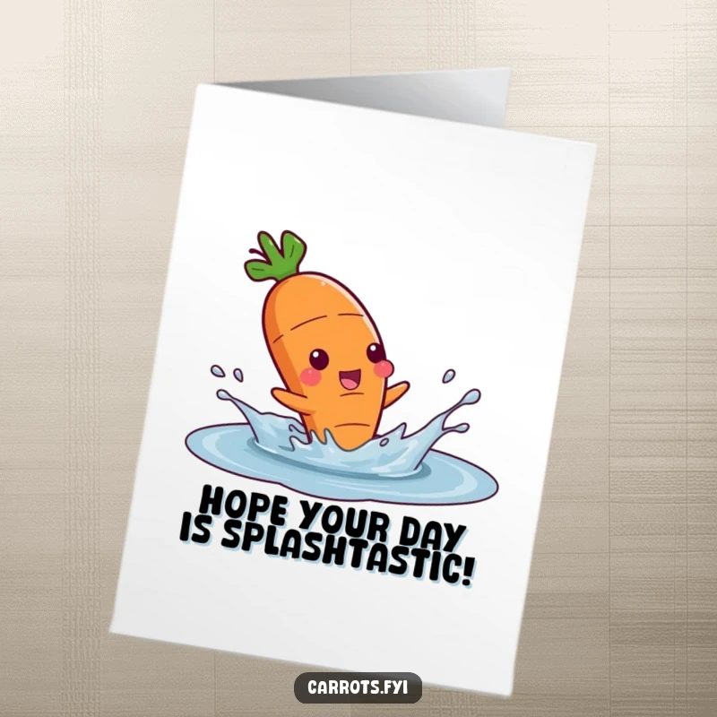 Funny Free Printable Birthday Card: Carrot character splashing joyfully in a puddle, radiating happiness.