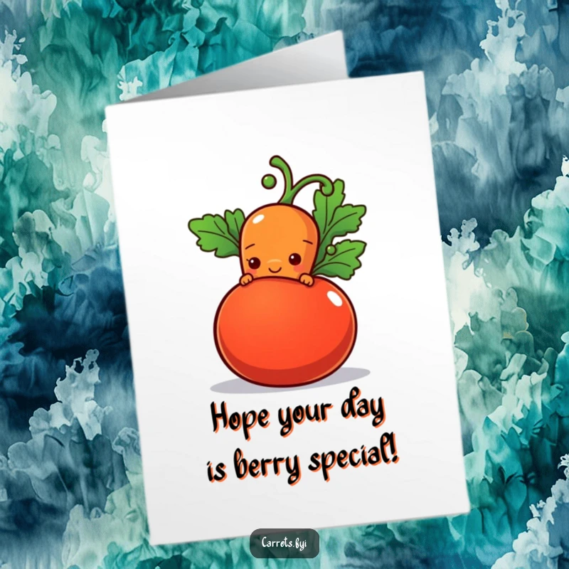 Funny Free Printable Birthday Card: Shy carrot peeks from behind a tomato with a hopeful smile, wishing happy birthday.