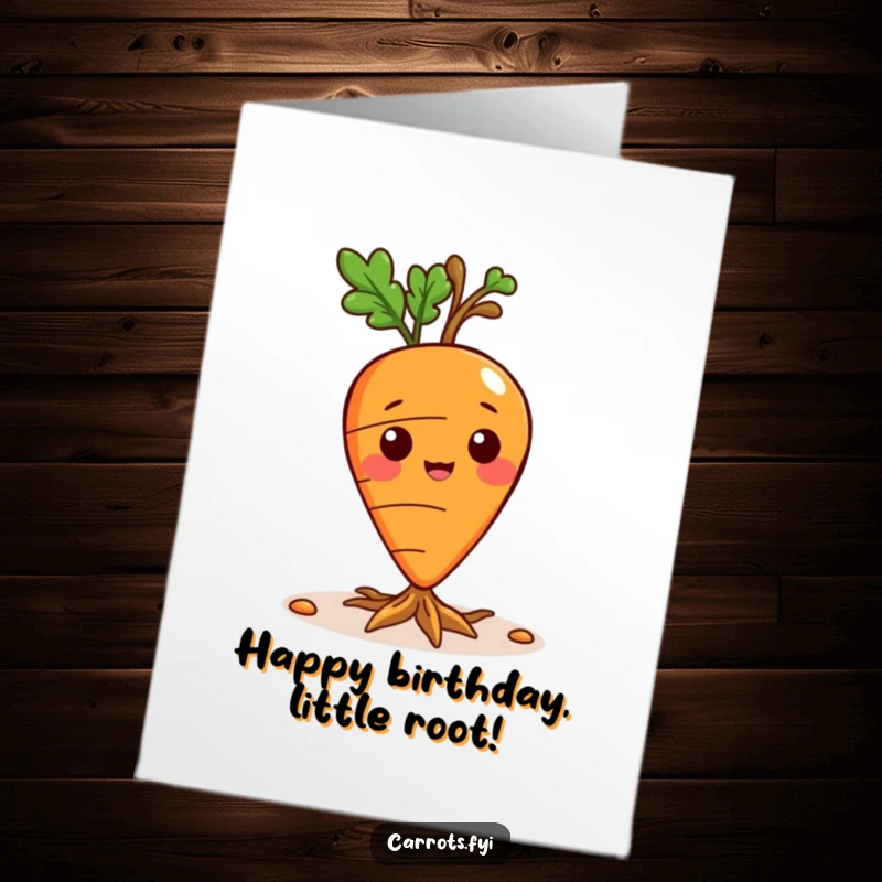 Funny Free Printable Birthday Card: Playful carrot character with tiny roots emerging from its base, symbolizing growth and fun.