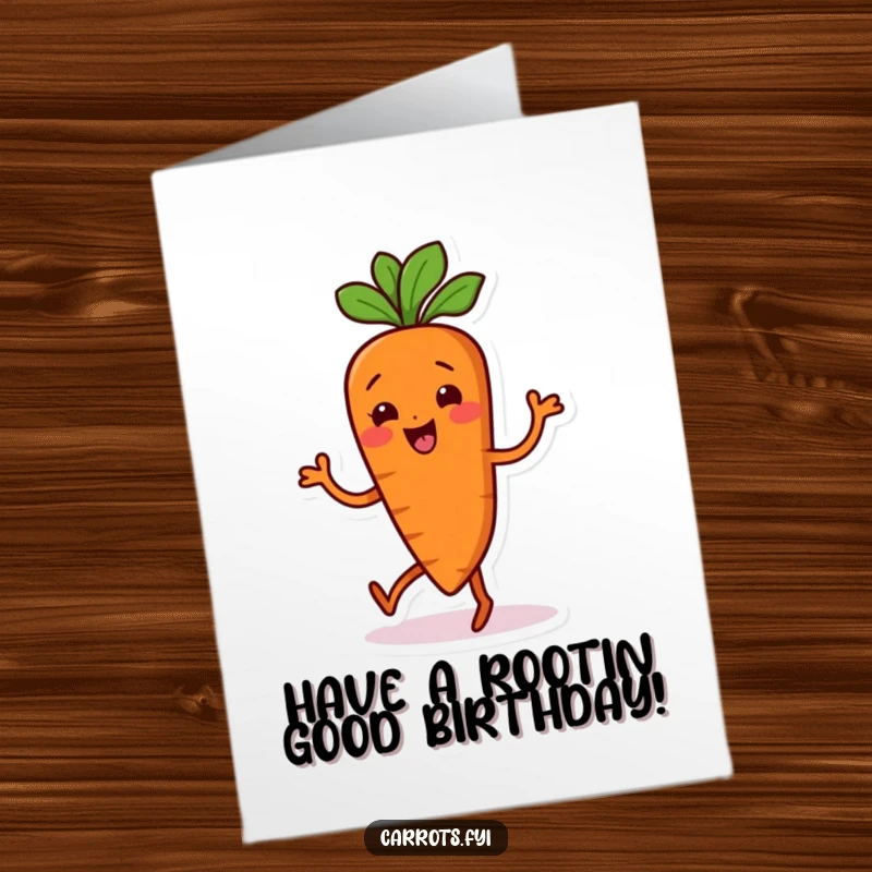 Funny Free Printable Birthday Card featuring a carrot character doing a silly dance with its body wiggling energetically.
