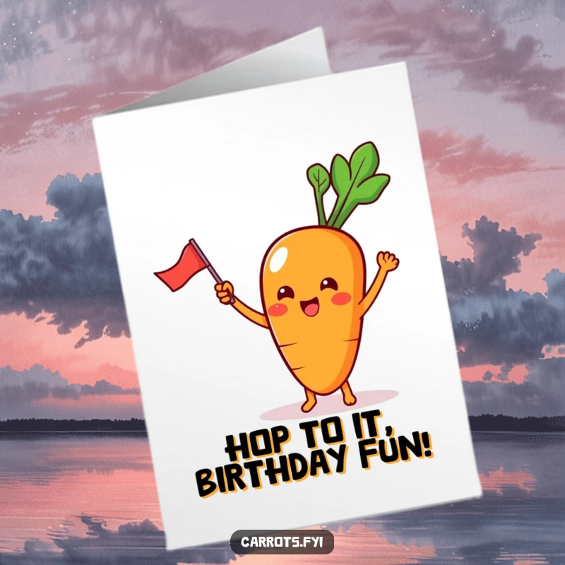 Funny Free Printable Birthday Card: Kawaii carrot character excitedly waves a miniature flag for birthday.