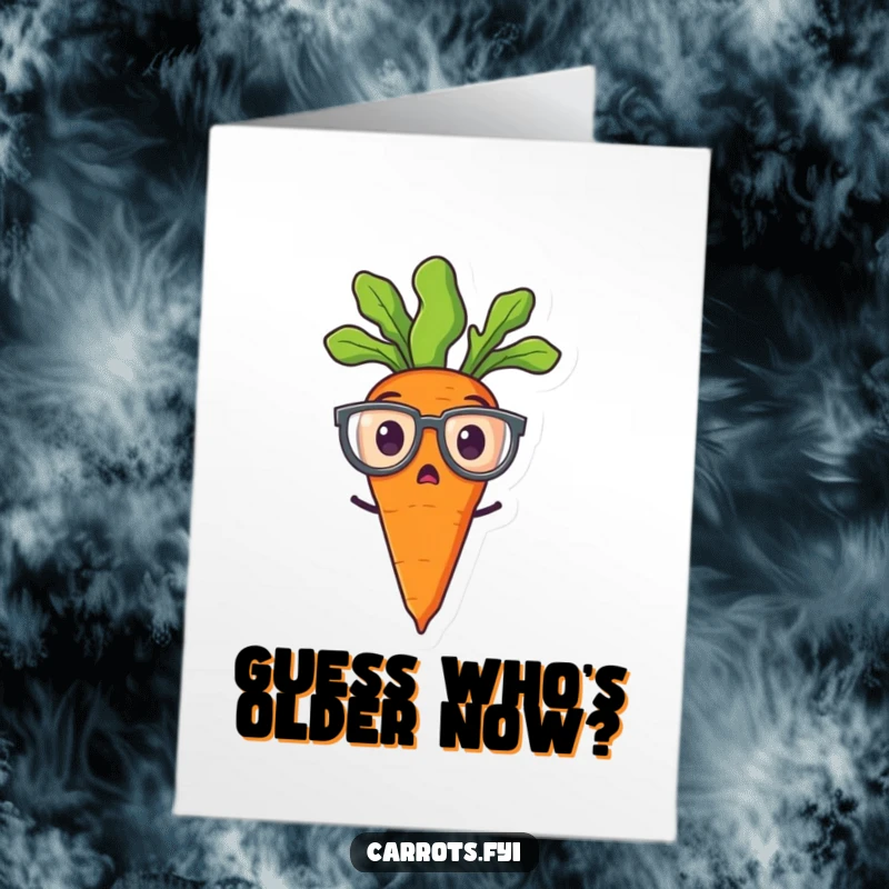 Funny Free Printable Birthday Card: Surprised carrot in oversized spectacles, ready to party, downloadable greeting.