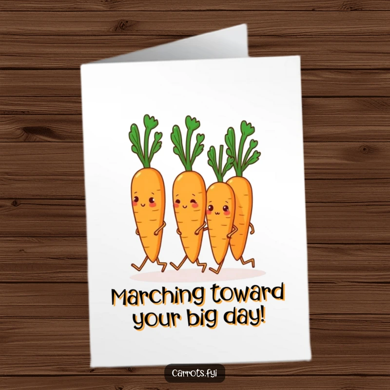 Funny Free Printable Birthday Card: A row of anthropomorphic carrots with tiny legs marching in perfect unison, celebrating.