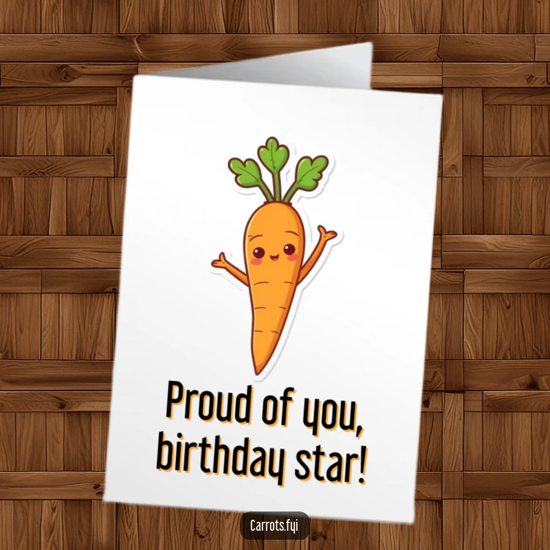 Funny Free Printable Birthday Card: A proud carrot with arms akimbo, exuding confidence and joy.