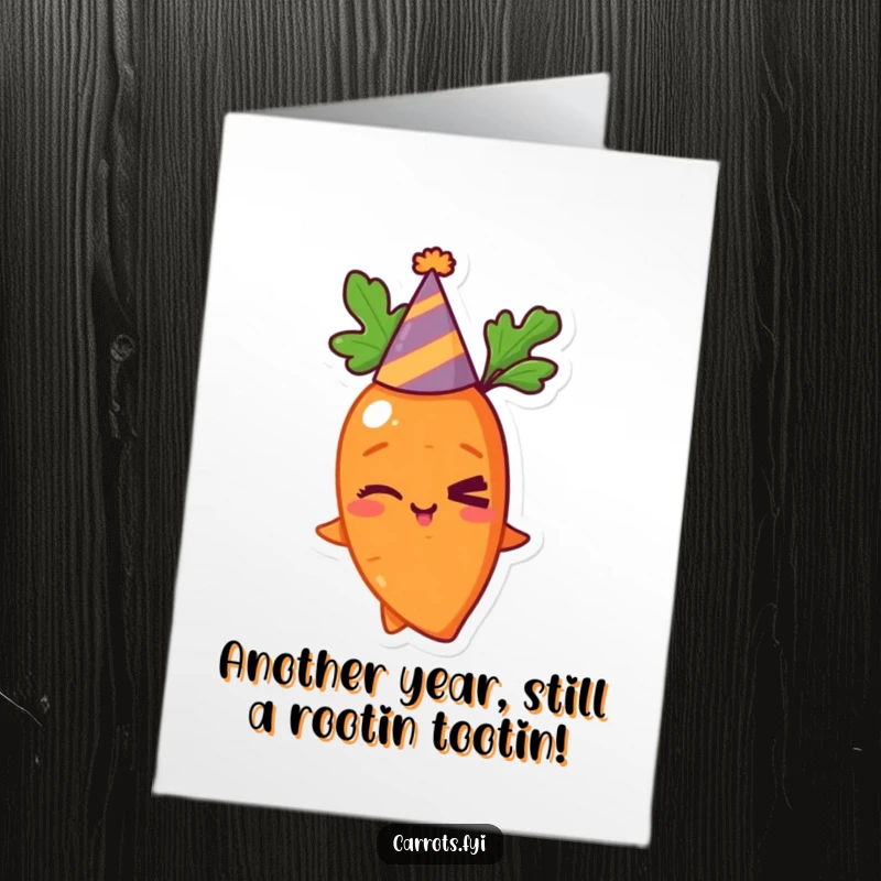 Funny Free Printable Birthday Card: Mischievous carrot wearing a party hat winks, ready for celebration, DIY downloadable art.
