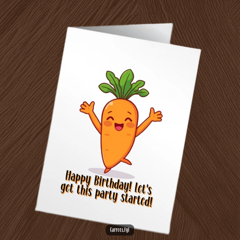 Funny Free Printable carrot character doing a joyful dance with arms flair, celebrating a birthday with zest.