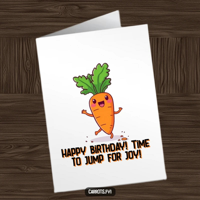 Funny Free Printable Birthday Card: an anthropomorphic carrot doing a happy, bouncy jig with little flecks of soil flying, a downloadable image.