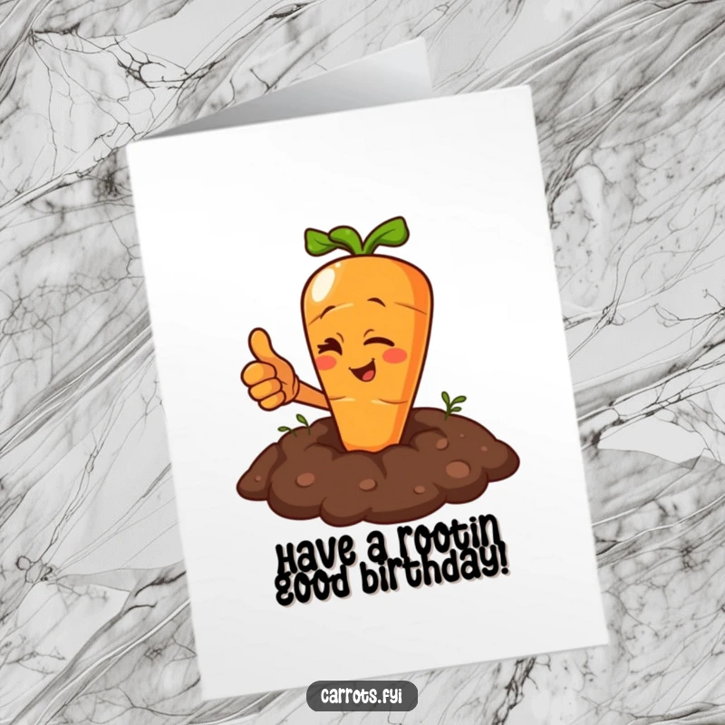 Funny Free Printable Birthday Card of a carrot character winking and giving a thumbs up from the soil.