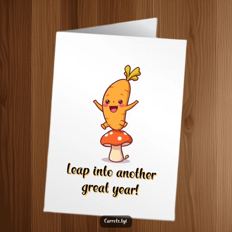 Funny Free Printable Birthday Card: A single carrot with an exuberant expression leaping over a mushroom, symbolizing birthday excitement, a downloadable gift.