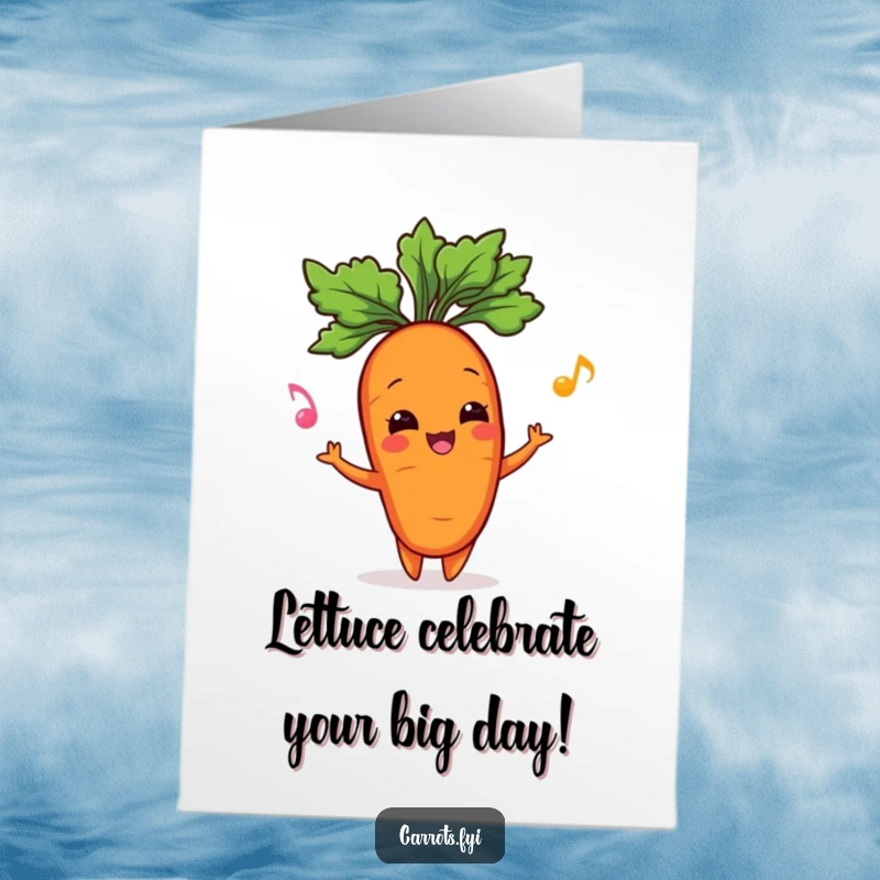 Funny Free Printable Birthday Card: Happy carrot character joyfully juggling its green leafy top. A delightful DIY gift.