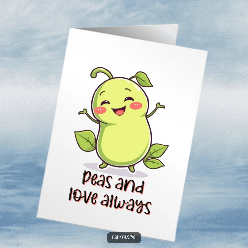 Funny Free Printable Birthday Card: A smiling pea pod character wiggling with excitement, sending birthday joy.
