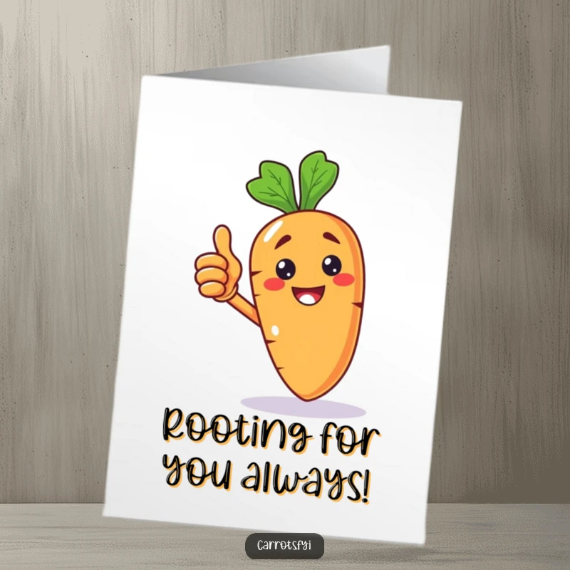 Funny Free Printable Birthday Card: Anthropomorphic carrot with a huge grin giving a proud thumbs up, ready to celebrate.