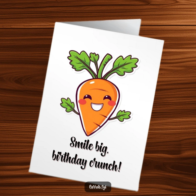 Funny Free Printable Birthday Card: Carrot character with a comically wide smile, radiating pure joy and crunchiness.