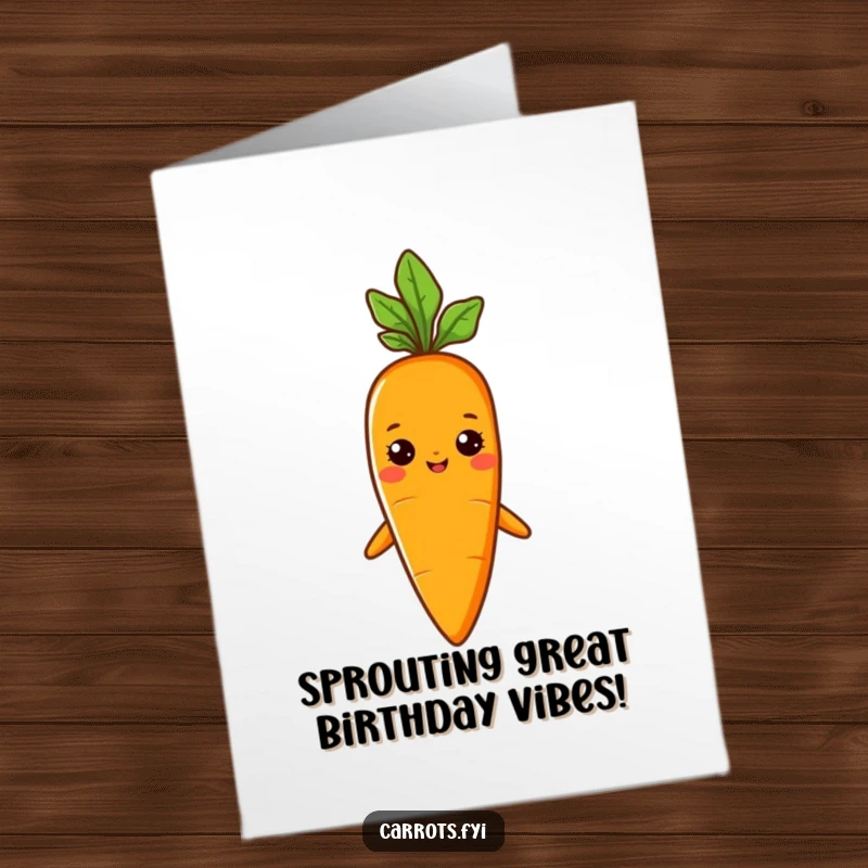 Funny Free Printable Birthday Card: Carrot character proudly wearing a tiny sprout hat, looking happy.