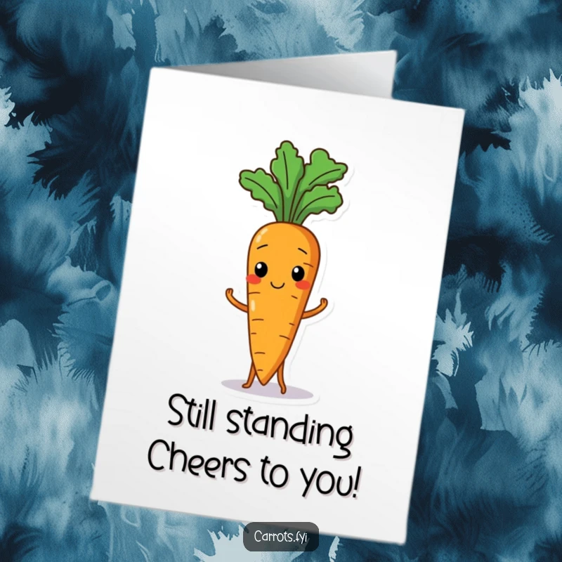 Funny Free Printable Birthday Card featuring a clumsy carrot struggling to stand, looking determined and adorable.