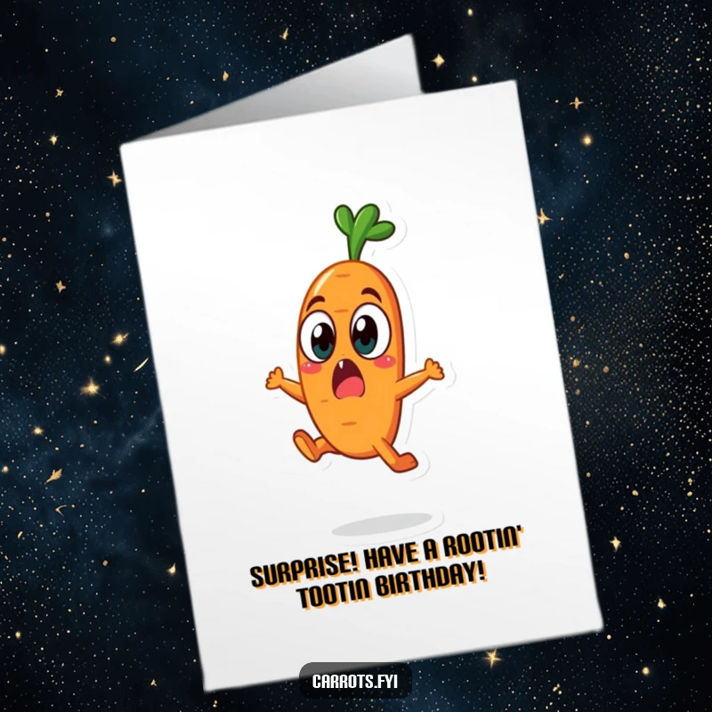 Funny Free Printable carrot character in a surprised leap, wide eyes, celebrating a birthday with zest.