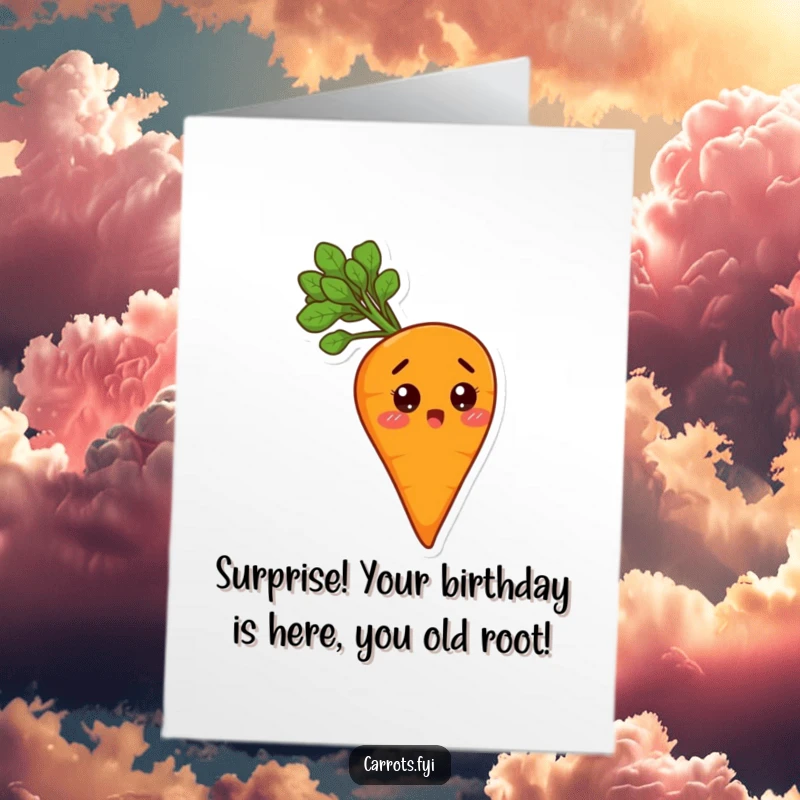 Funny Free Printable Birthday Card: a surprised anthropomorphic carrot with vibrant leafy green hair sprouting, a unique downloadable image.