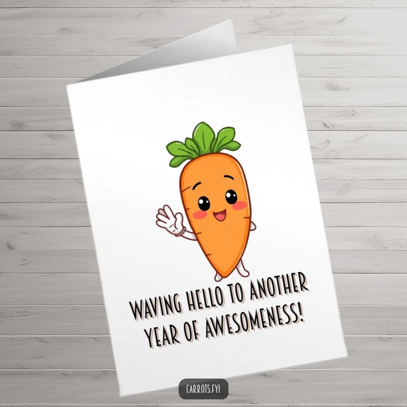 Funny Free Printable Birthday Card: a cheerful anthropomorphic carrot offering a friendly wave with a thin carrot slice, a downloadable greeting.