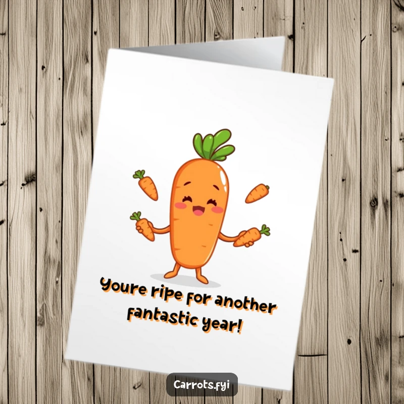 Funny Free Printable Birthday Card featuring a happy anthropomorphic carrot joyfully juggling smaller carrot sticks, a hilarious downloadable image.