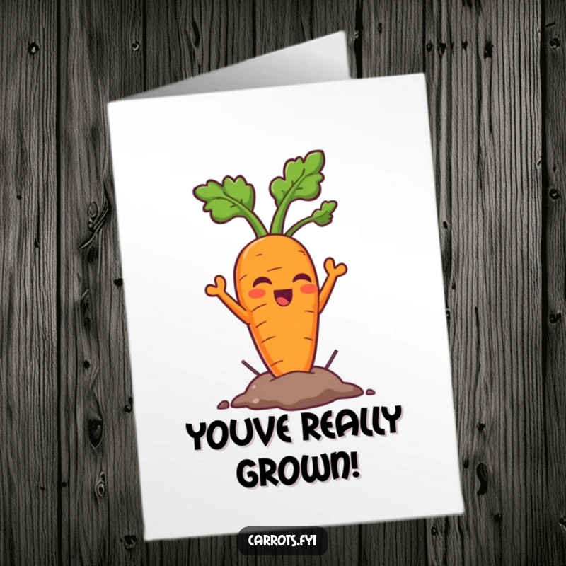 Funny Free Printable Congratulations Card: A victorious carrot emerges from the earth, celebrating your amazing accomplishment with a proud grin.