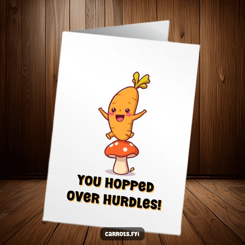 Funny Free Printable Congratulations Card: A carrot joyfully leaping over a mushroom, representing overcoming obstacles and success, a perfect DIY present.