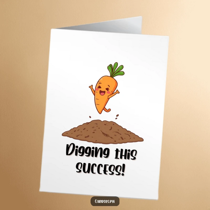 Free Printable Congratulations Card: a happy carrot character takes a joyful leap into a pile of soft, loose soil.