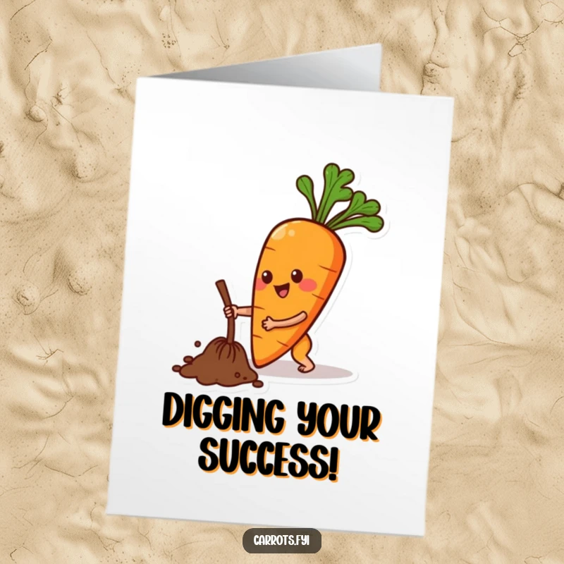 Funny Free Printable Congratulations Card: A smiling anthropomorphic carrot is enthusiastically digging, symbolizing effort and achievement.