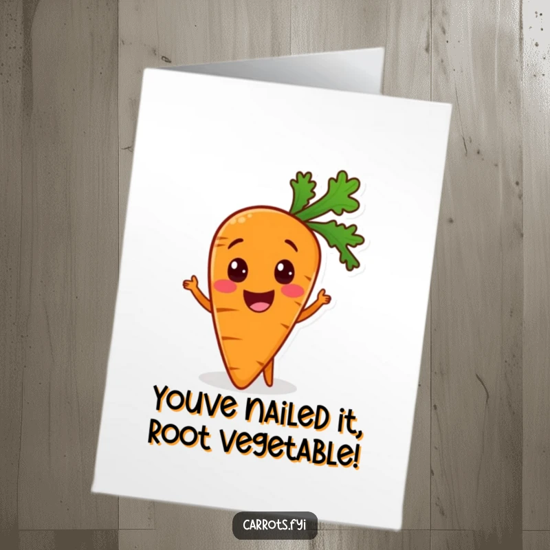 Funny free printable congratulations card with a happy carrot thrilled to be part of a healthy meal, exuding celebratory vibes.