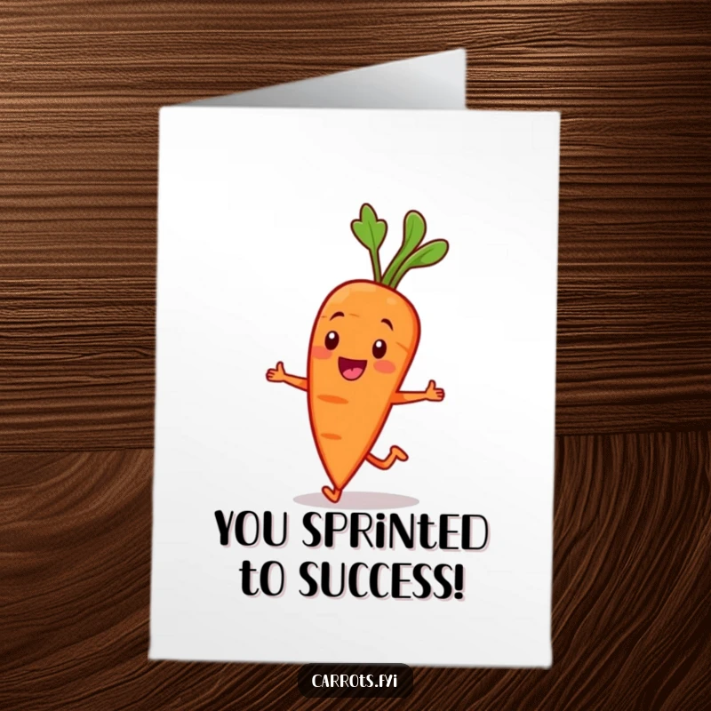 Funny Free Printable Congratulations Card: Cheerful Carrot Character Jogging Swiftly with a Smile, Full of Speed