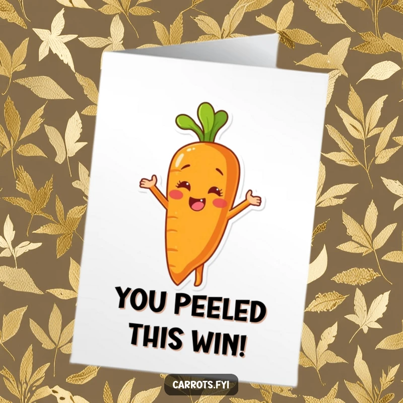 Free Printable Congratulations Card: a carrot character gleefully peels itself, revealing a cheerful, smiling inner core.