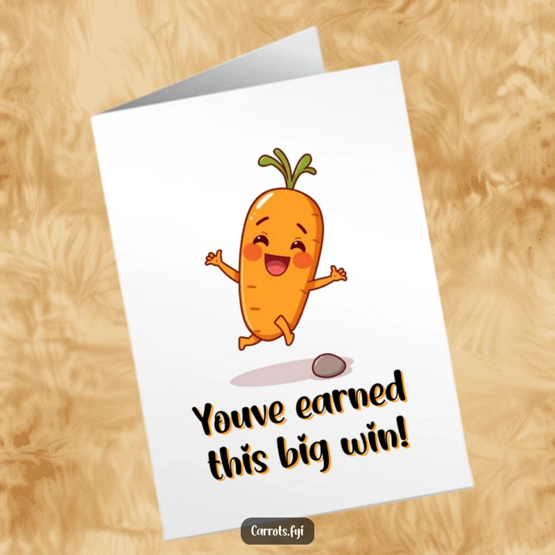 Funny Free Printable Congratulations Card: A joyous carrot enthusiastically kicks a pebble, celebrating success, ready for home printing.