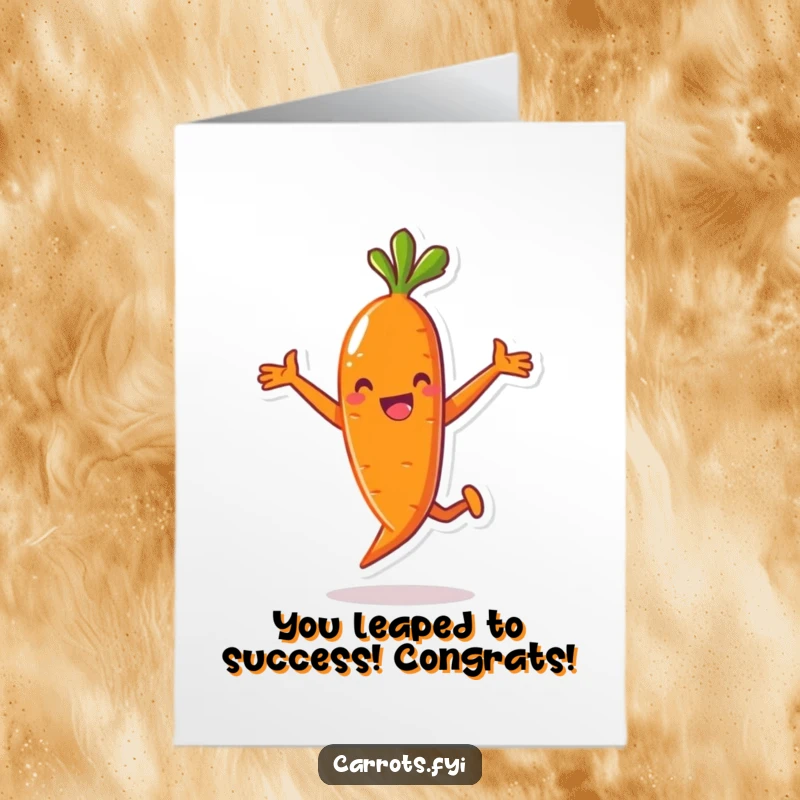 Funny Free Printable Congratulations Card: Excited anthropomorphic carrot character leaping mid-air, celebrating a fantastic achievement.