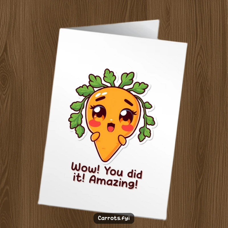 Funny Free Printable Congratulations Card: Carrot character with comically wide, orange eyes, showing utter surprise at good news.