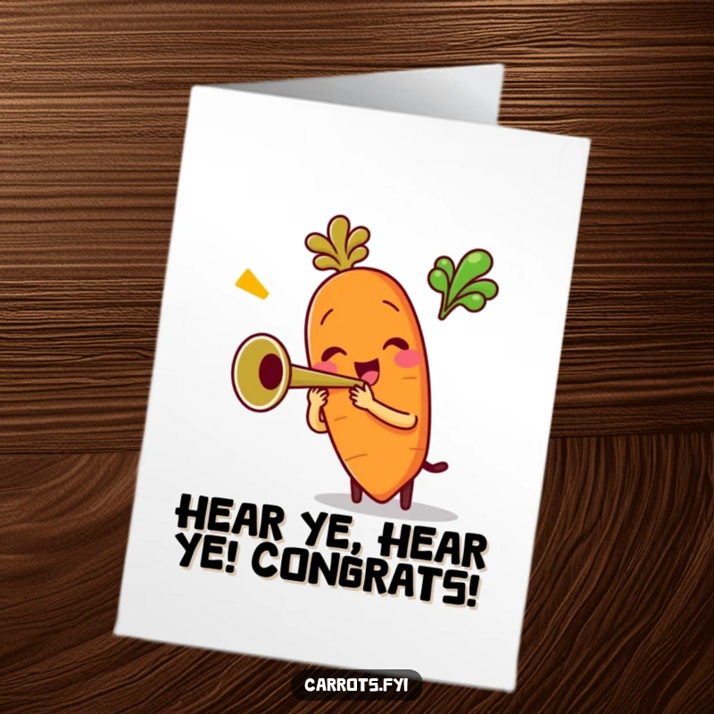 Funny Free Printable Congratulations Card: Carrot character joyfully playing a tiny trumpet, heralding a significant accomplishment.