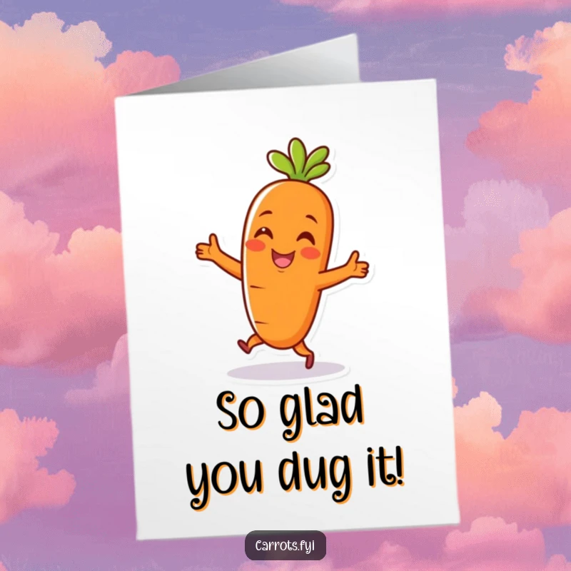 Funny Free Printable Congratulations Card: A happy carrot character in mid-dance move, celebrating achievements joyfully.