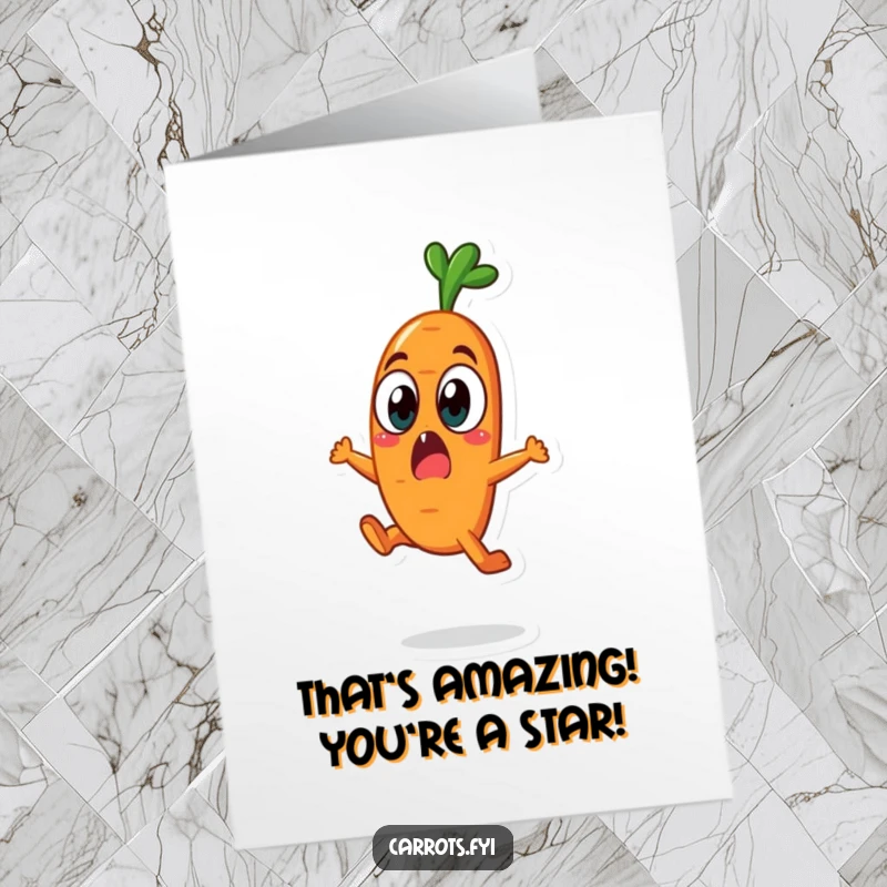 Free Printable Carrot character doing a surprised leap with wide eyes, celebrating an achievement, a funny veggie.