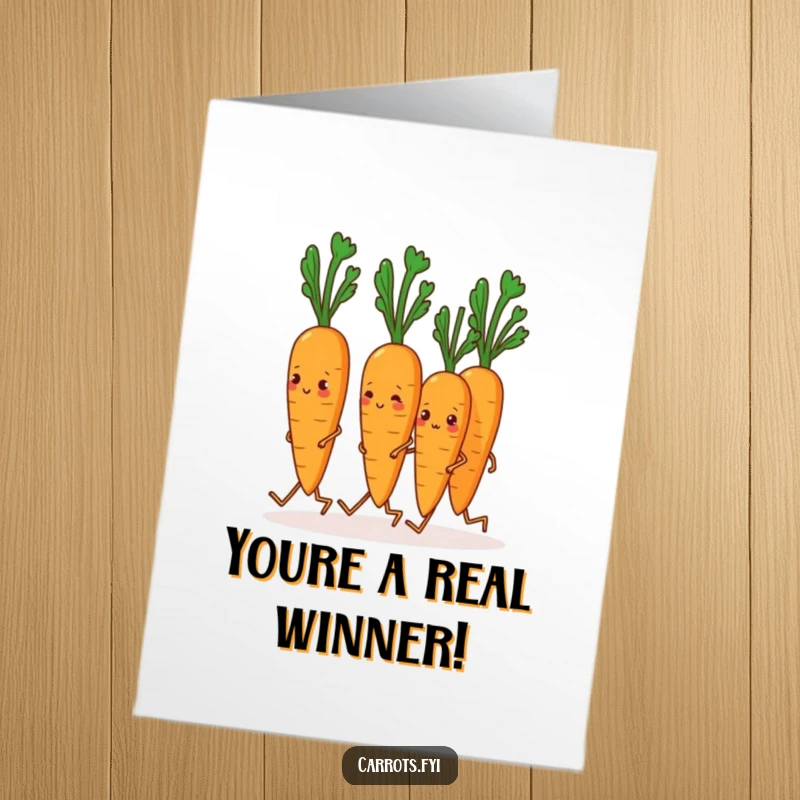 Funny Free Printable Congratulations Card: A line of determined carrots with little legs marches forward in unison, celebrating a victory.