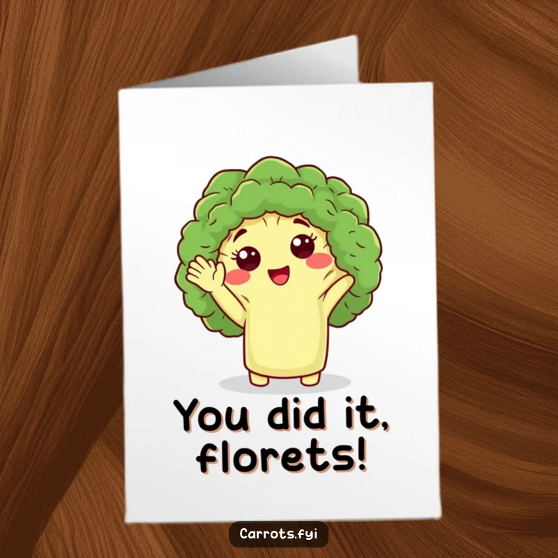 Funny Free Printable Congratulations Card: A friendly broccoli floret character waving hello to celebrate an achievement.