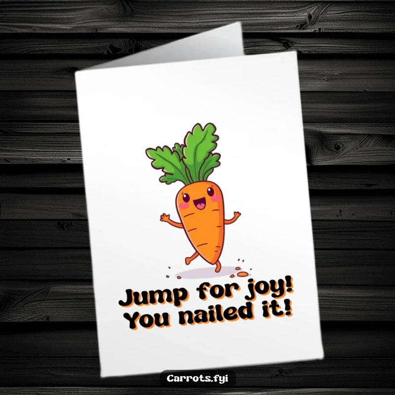 Funny Free Printable Congrats Card: a happy anthropomorphic carrot performing a bouncy jig, soil flecks flying, a celebratory downloadable.