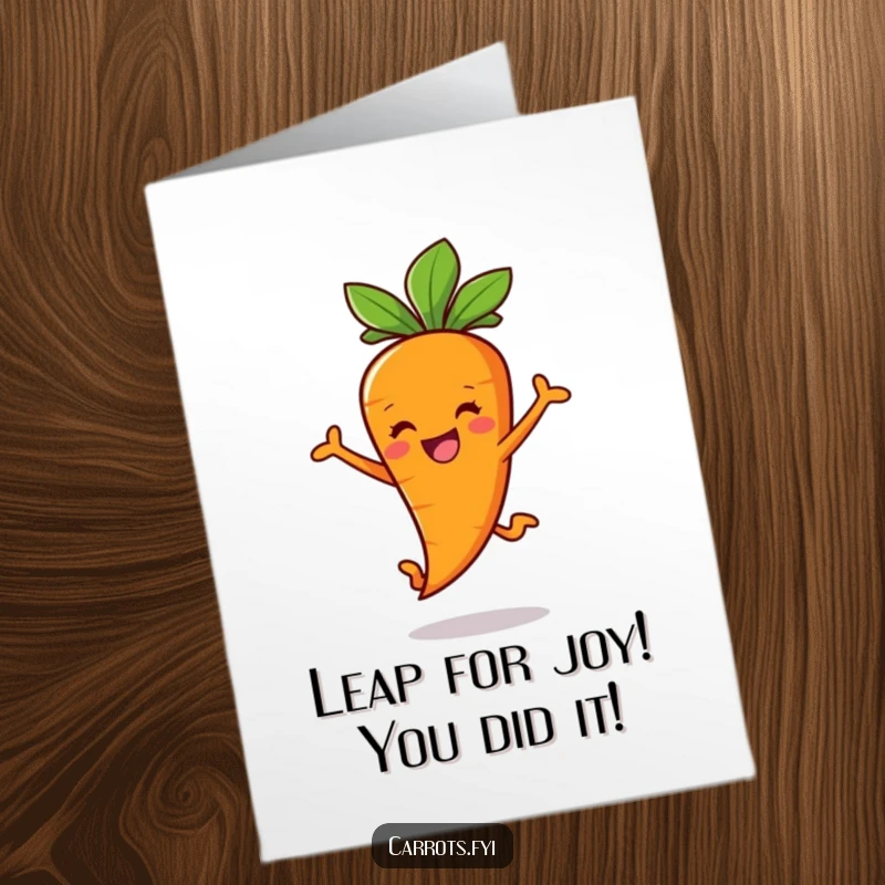 Funny Free Printable Congratulations Card: A carrot stick character leaps with sheer delight, celebrating achievements.