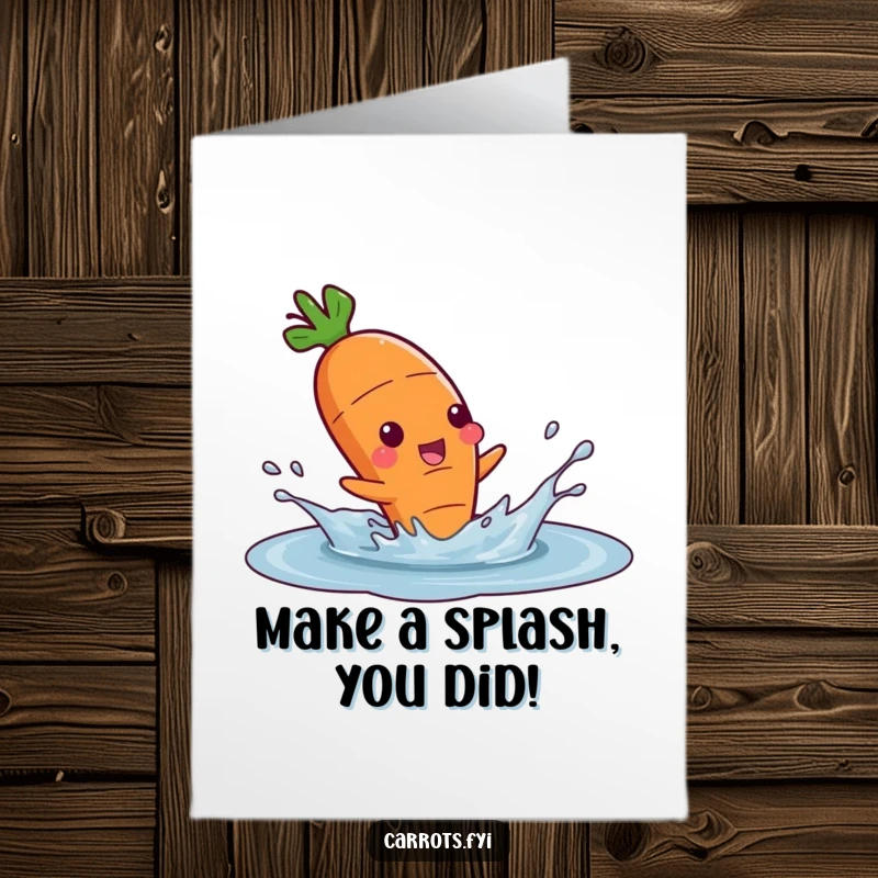 Funny Free Printable Congratulations Card: Carrot character joyfully splashing in water, celebrating a win.