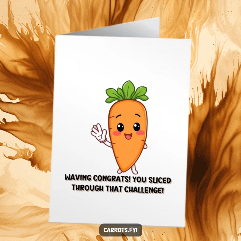 Funny Free Printable Congrats Card: a happy anthropomorphic carrot extending a friendly wave using a carrot Slice, a downloadable delight.