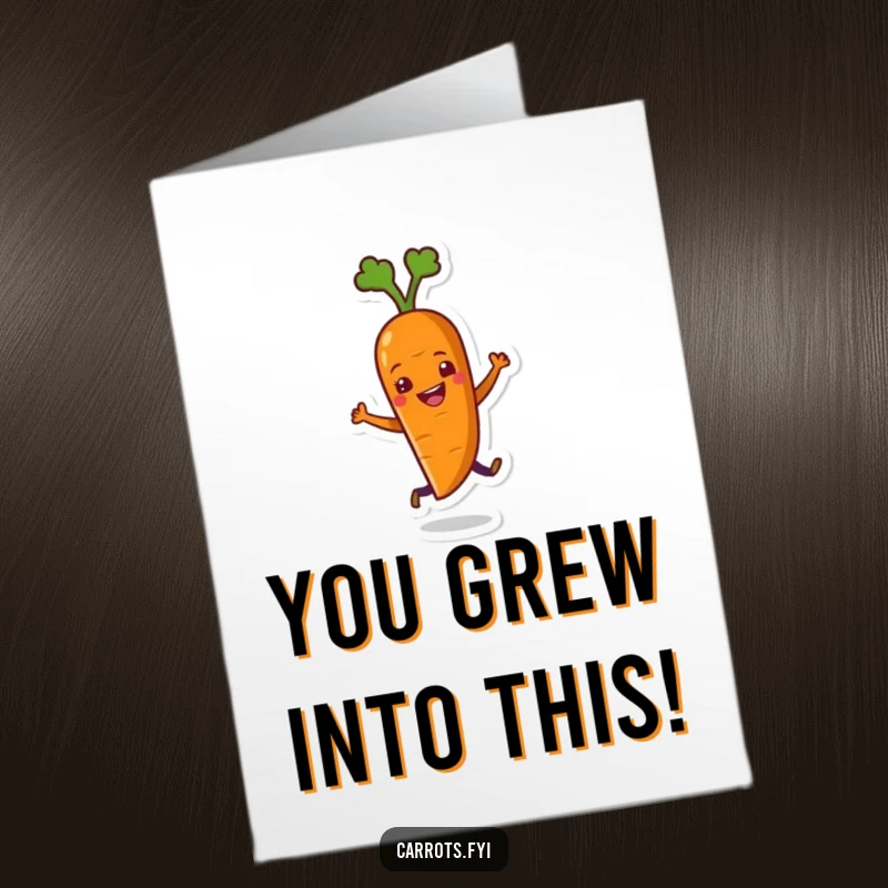 Free Printable Congratulations Card: a joyful carrot character wiggles its body in a happy, celebratory dance.