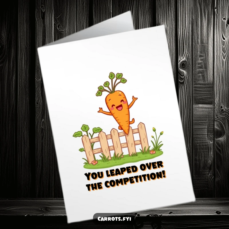 Funny Free Printable Congratulations Card: A jubilant carrot gracefully leaps over a small fence, celebrating success with downloadable cheer.