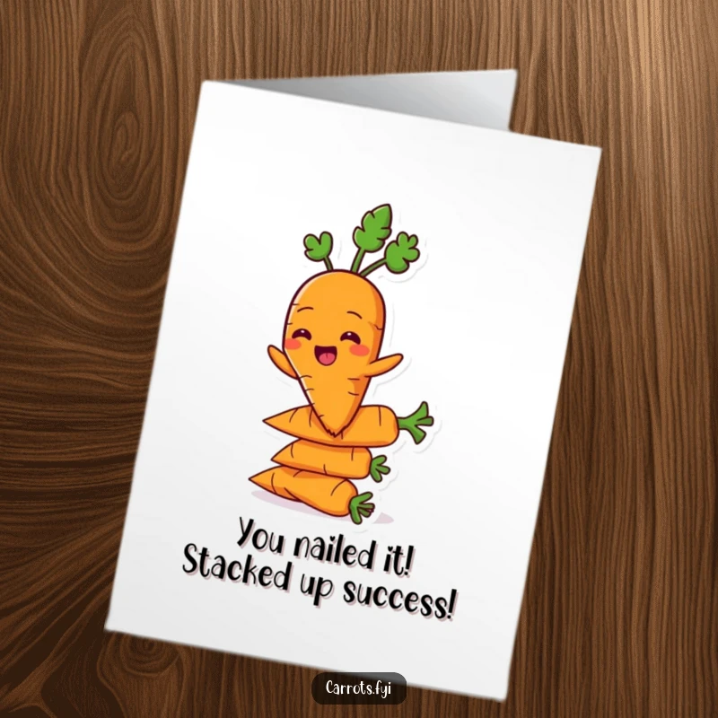 Free Printable Carrot character grinning while balancing on a stack of carrots, celebrating a high achievement.