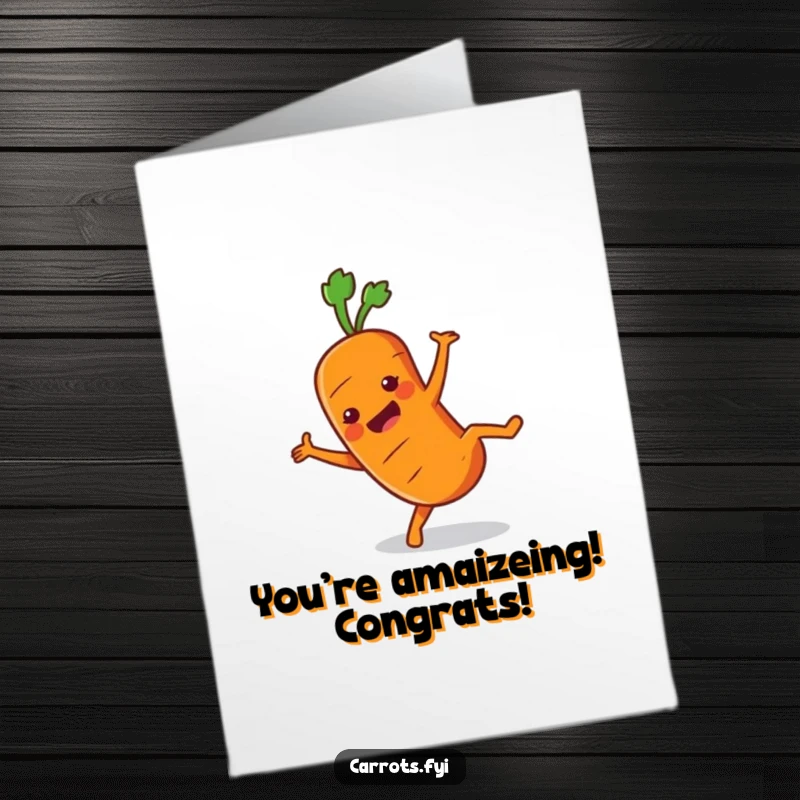 Funny Free Printable Congratulations Card: A cheerful carrot does a cartwheel, celebrating success with acrobatic glee.